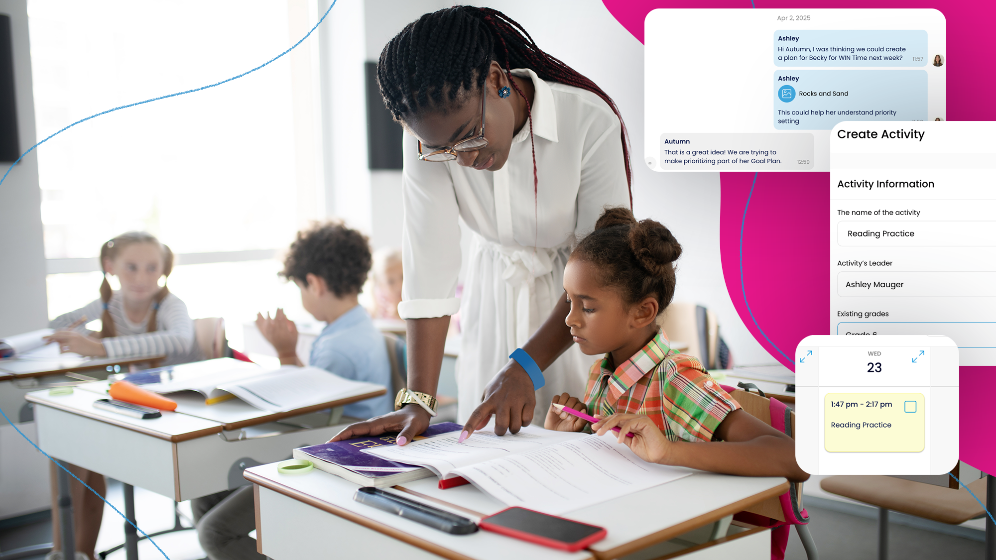 Elementary school teacher helping a student at her desk. To the right of the image, there are screenshots from WIN Time Software.